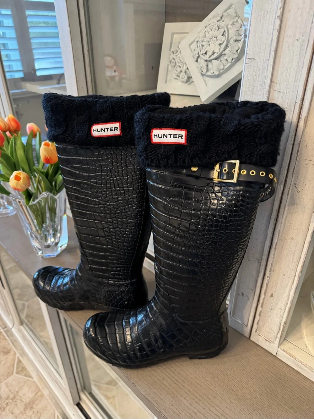 Hunter & Jimmy Choo Limited Edition Black Croc-Embossed Tall Rain Boots